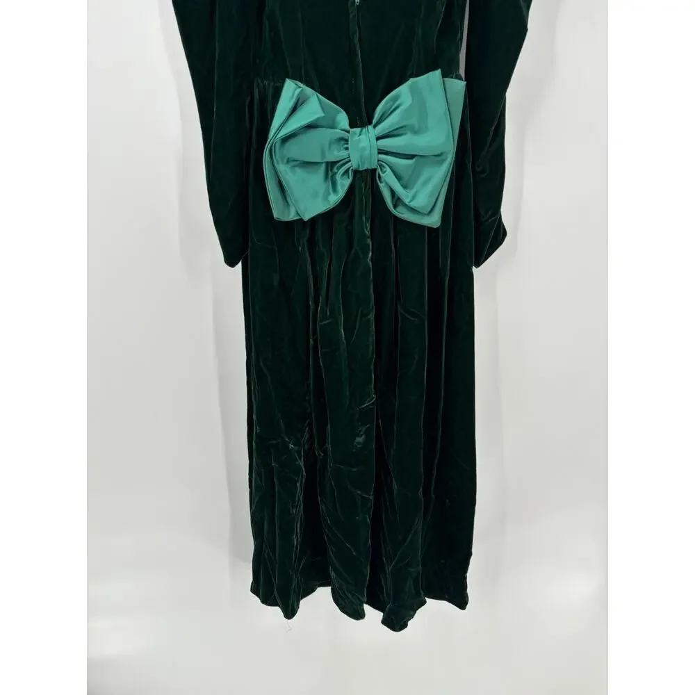 Vintage Dress Womens 8 Green Velvet Union Made Bow Back Maxi Length Holiday - Picture 12 of 16